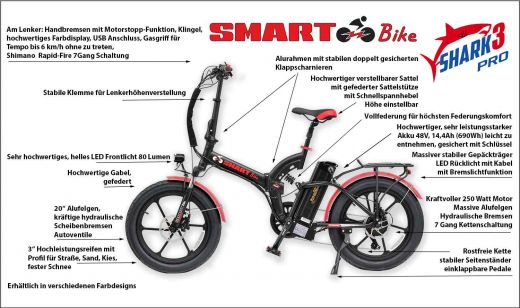 SMARTbike SHARK 3Pro Faltbar, Rahmenvollfederung, 3 Reifen