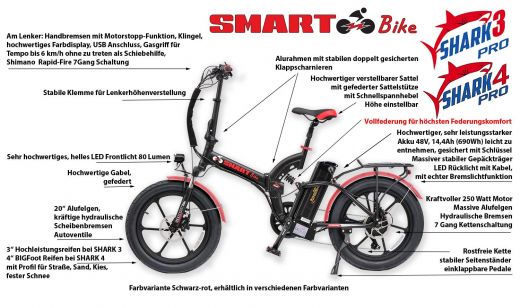 SMARTbike SHARK 4Pro Faltbar, Rahmenvollfederung, 4 Reifen
